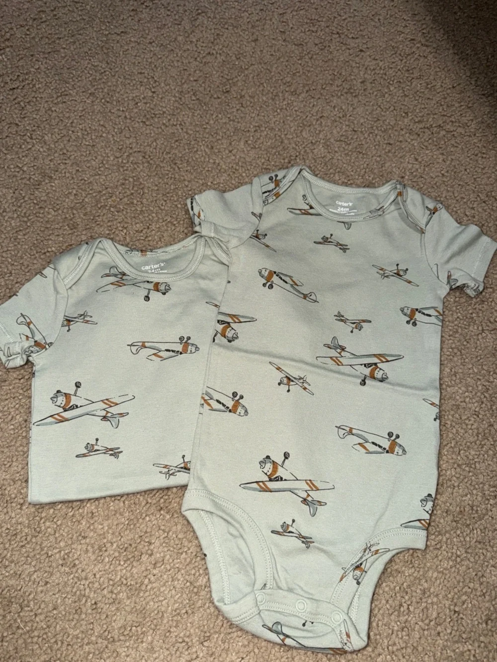 Carter's Sage Green Airplane Print Baby One-Piece Bodysuits